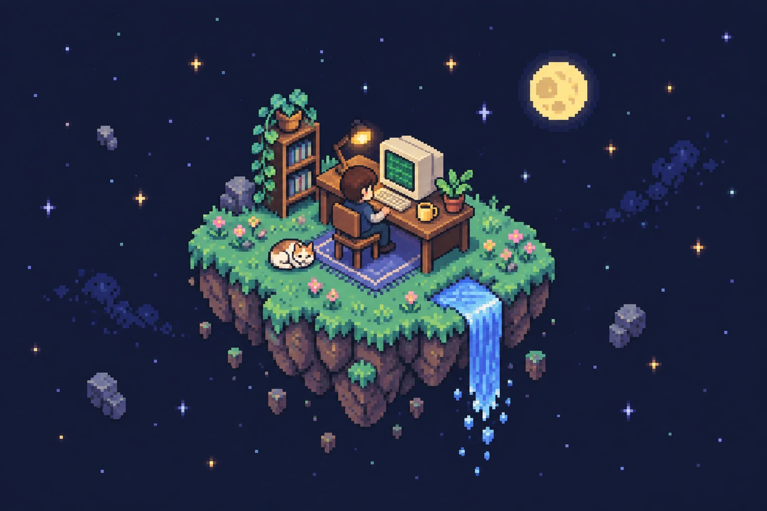 虚构像素角色在浮空小岛的电脑前创作，周围有植物、月亮和瀑布